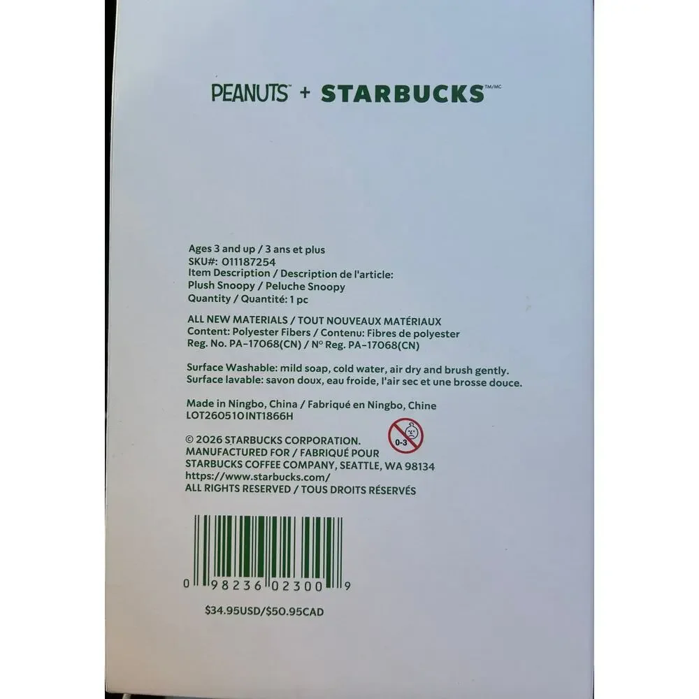 Starbucks x Peanuts Snoopy Barista Plush 2026 Limited Edition New in Box